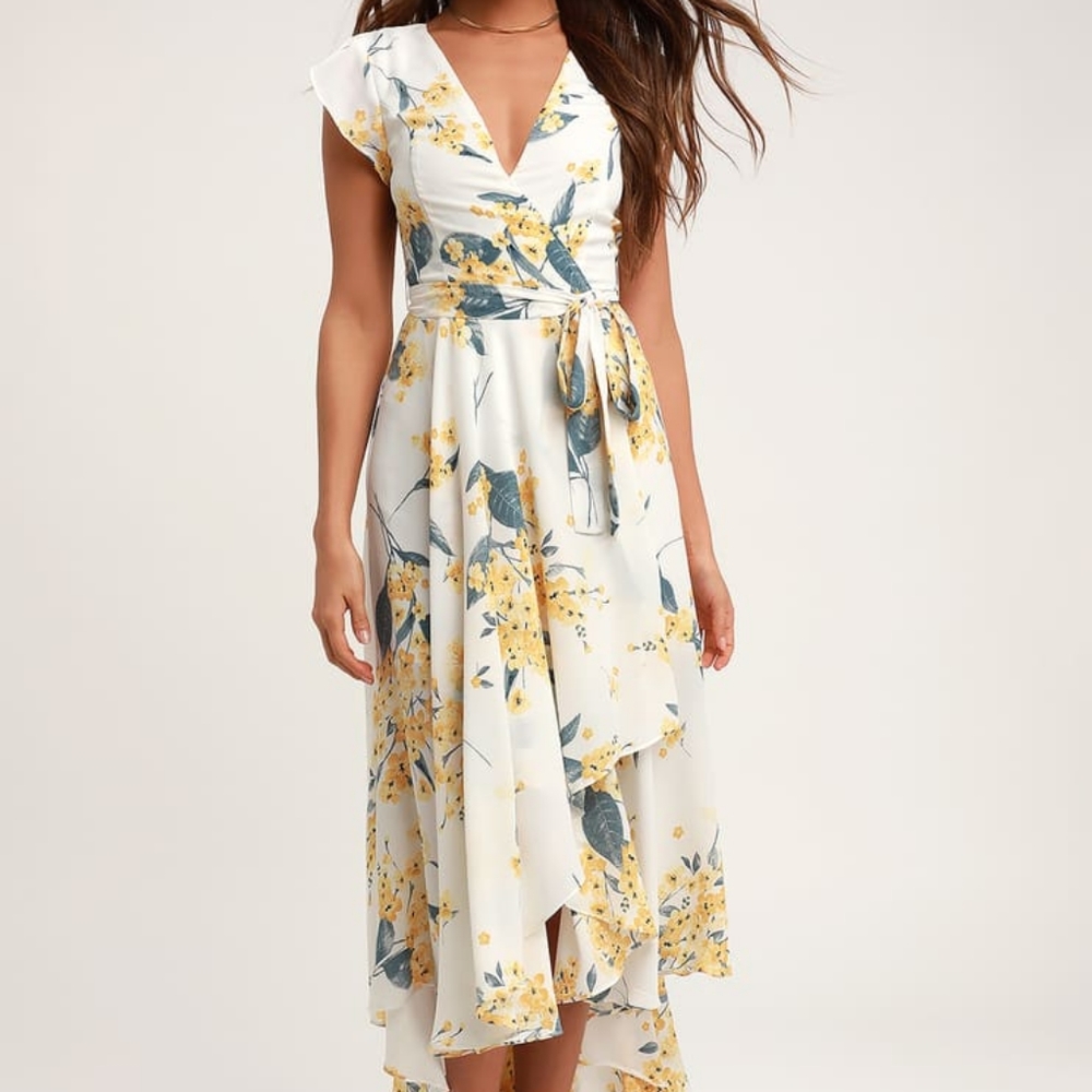 🚫Sold🚫Lulus French Countryside White and Yellow Floral Print High-Low Dress - Picture 3 of 7